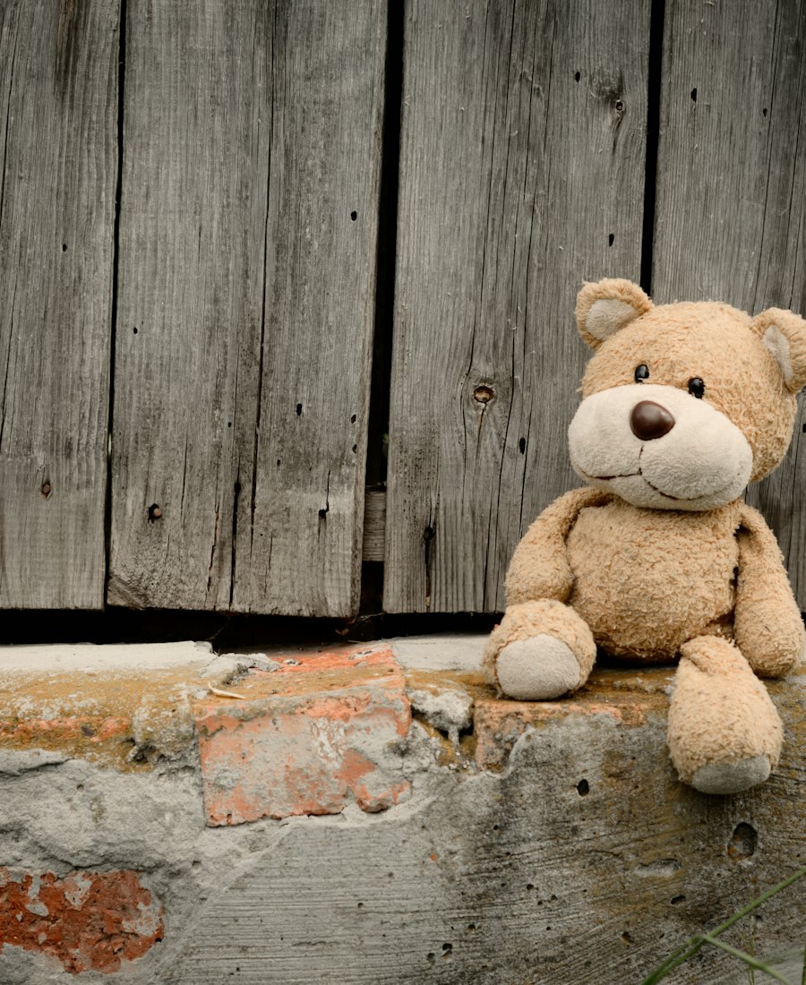 Un vieil ours en peluche assis seul contre une palissade en bois.